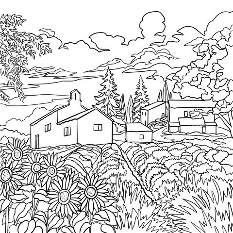 Página de Colorear con Paisaje Rural