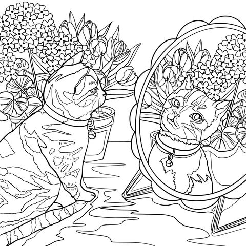 Cat Looking in the Mirror Coloring Page