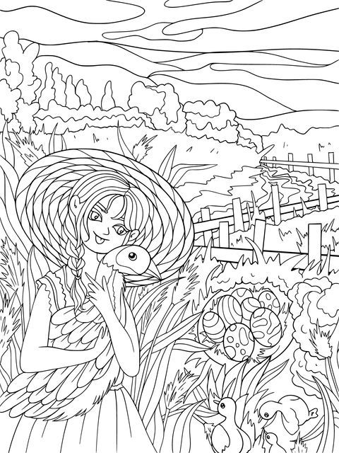 Coloring Page of a Girl and Poultry in a Pastoral Scene