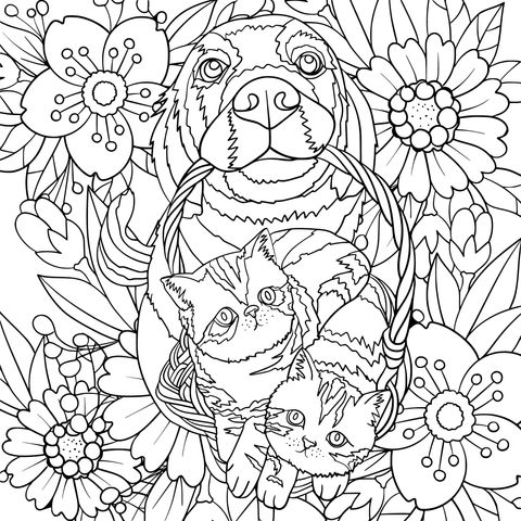 Coloring Page of Dogs, Cats and Flower Basket