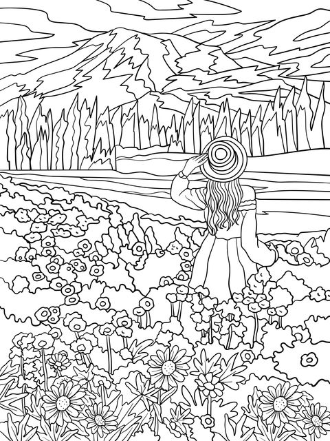 Coloring Page of a Woman Admiring the Scenery