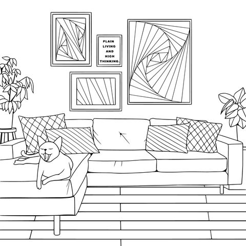 Cozy Living - Room Scene Coloring Page: Sofa, Adorable Pet, and Decorative Paintings