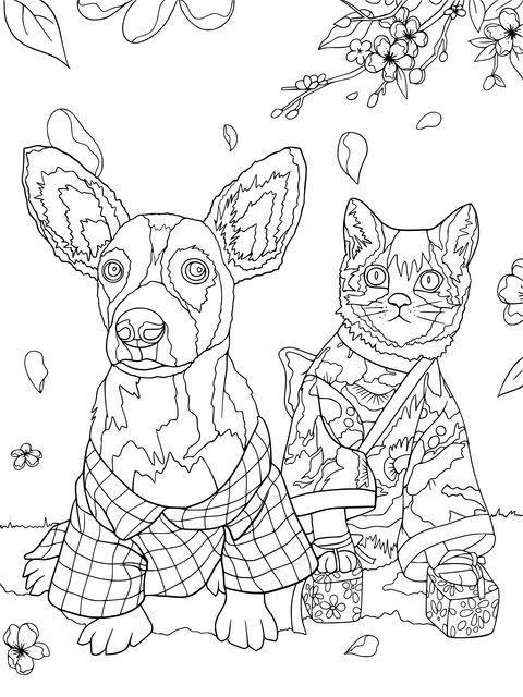 Coloring Page of a Cat and Dog Wearing Kimonos