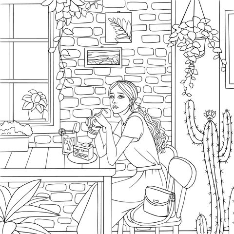 Coloring Page of a Girl Enjoying a Meal Cozily