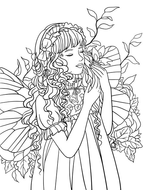 A flower - fairy being affectionate with a butterfly