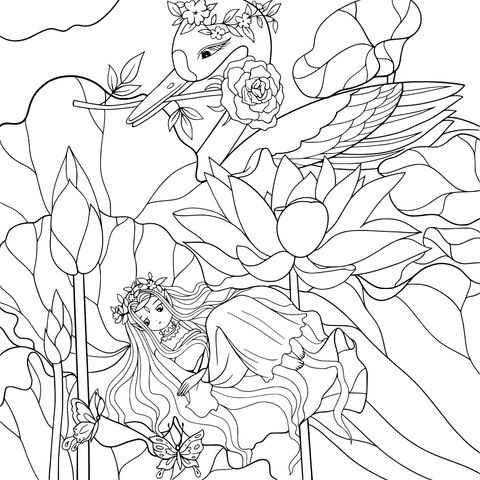 Fairy and Swan in a Dreamy Lotus Pond Coloring Page