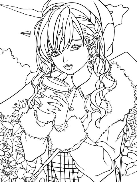 Coloring Page of a Green - Haired Girl Holding a Coffee