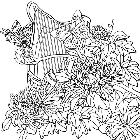 Coloring Page of a Harp, Chrysanthemums and Butterflies under a Dreamy Starry Sky