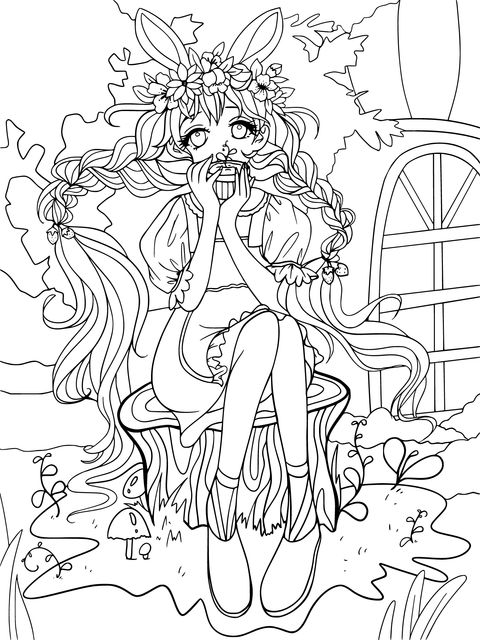 Fairytale - style Girl Coloring Page: A Dreamy Maiden Sitting on a Stump