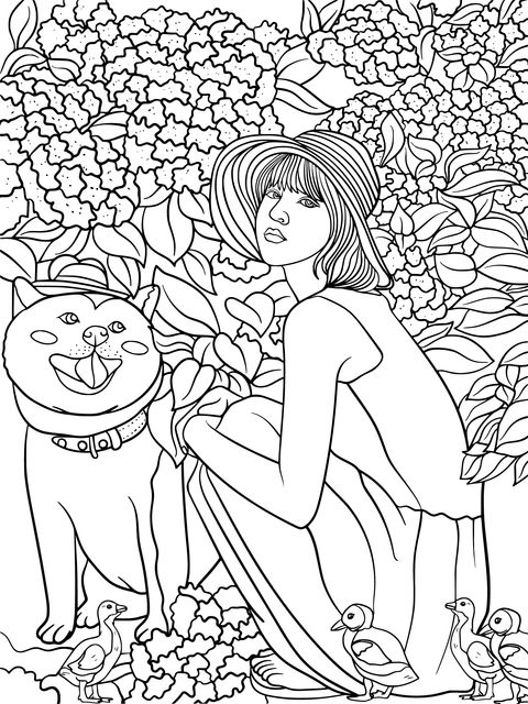 Chica y su mascota en la mata de flores