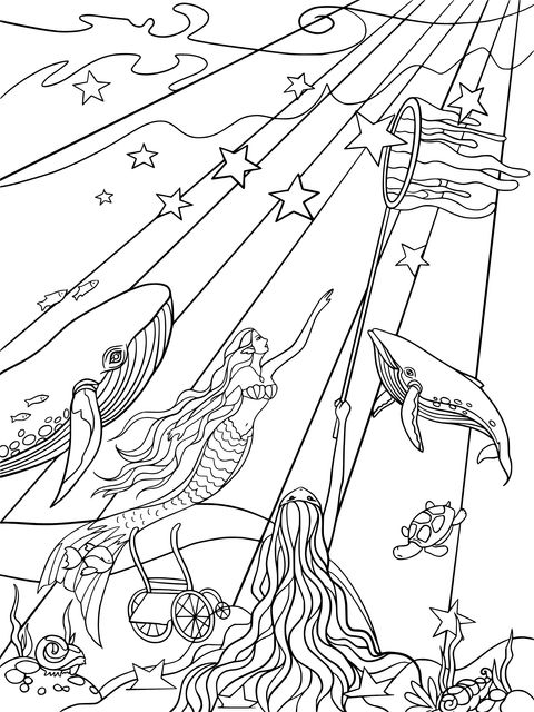 Dreamy Mermaid Underwater World Coloring Page