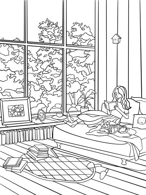 Coloring Page of a Girl Reading by the Window in Autumn