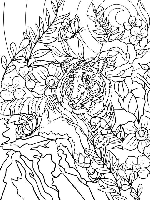 Tiger Coloring Page in Moonlit Flower丛