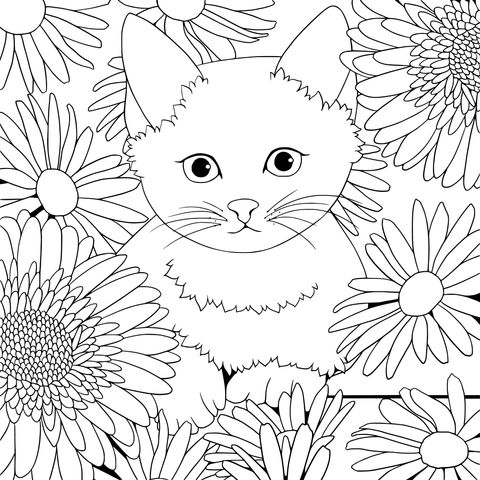 Cat and Flowers Coloring Page