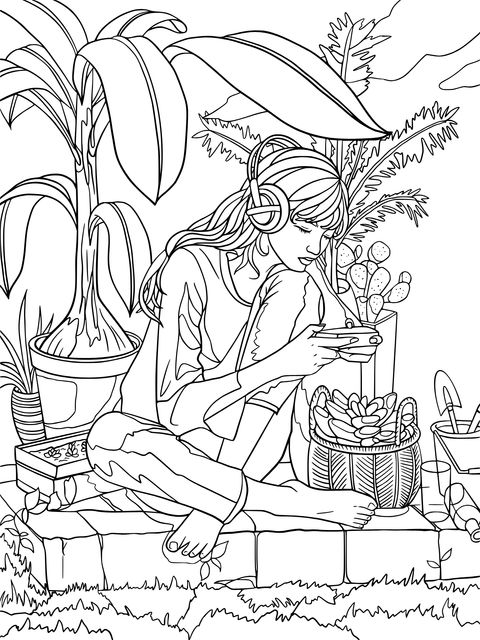 Coloring Page of a Girl Enjoying Music in the Garden