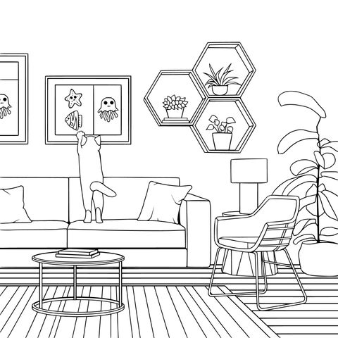 Coloring Page of a Cute Cat Playing in the Living - room