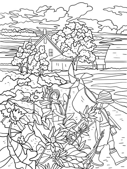 Rural Scenery Coloring Page: Children Playing in a Sunflower Field