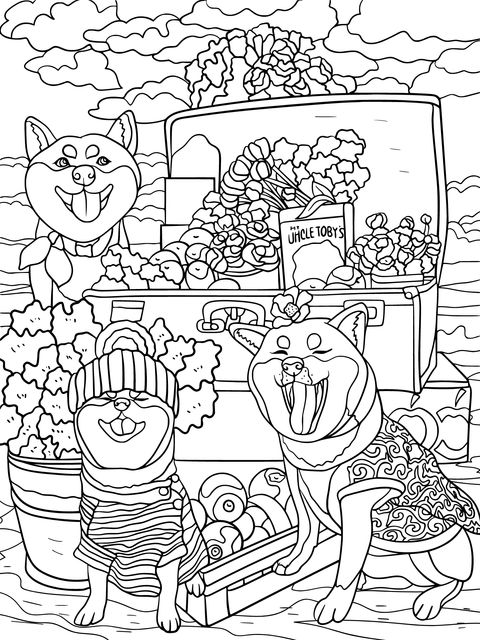 Página de Colorear de Adorables Shiba Inu en un Puesto de Frutas y Verduras