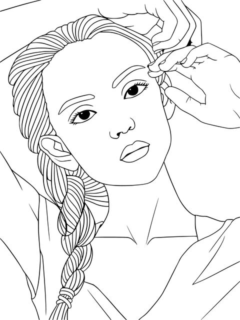 Coloring Page of a Girl Braiding Her Hair