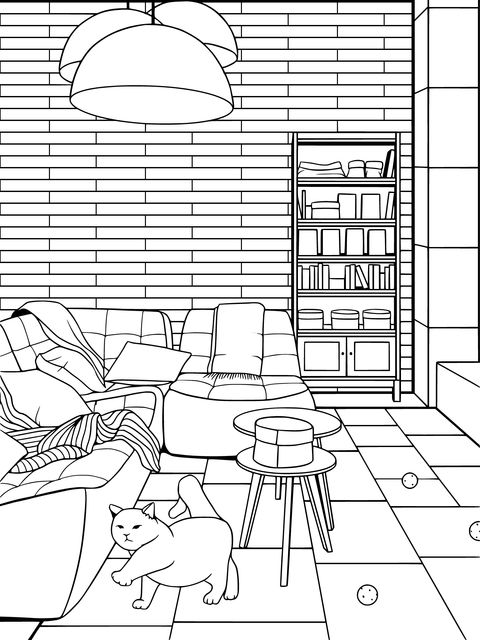 Cozy Living - room with Playing Cat Coloring Page