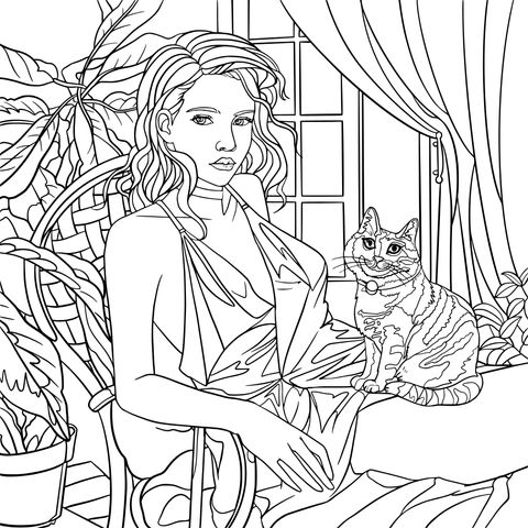 Coloring Page of a Stylish Lady and a Cat