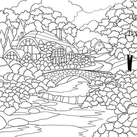 Rural Cottage Landscape Coloring Page