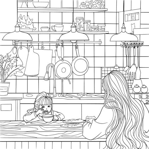 Warm Kitchen Parent - Child Time Coloring Page