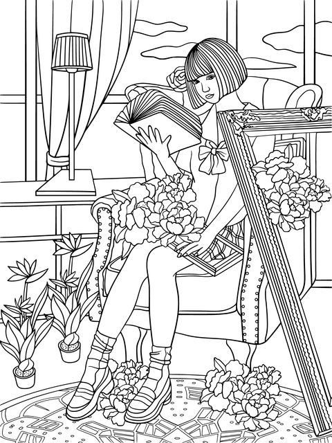 Coloring Page of a Girl Reading Cozily