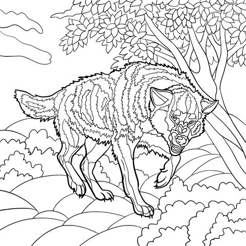 Página para colorear de un lobo en el bosque