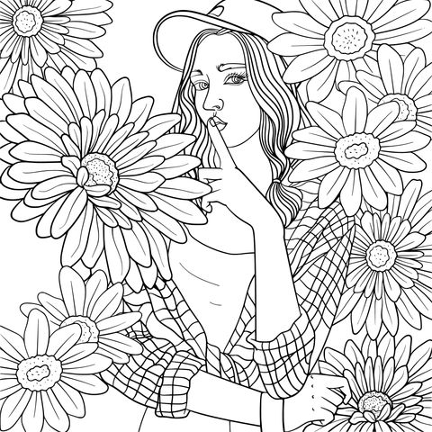 Página de Colorear de Mujer Fashionable en Grupo de Flores