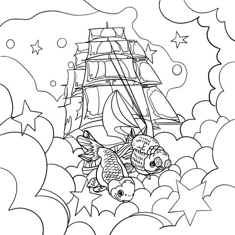 Fantasy Sailing Coloring Page: A Dreamy Journey of a Sailing Ship and Flying Fish