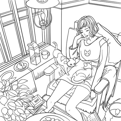 Cozy Home with Cat - Themed Coloring Page