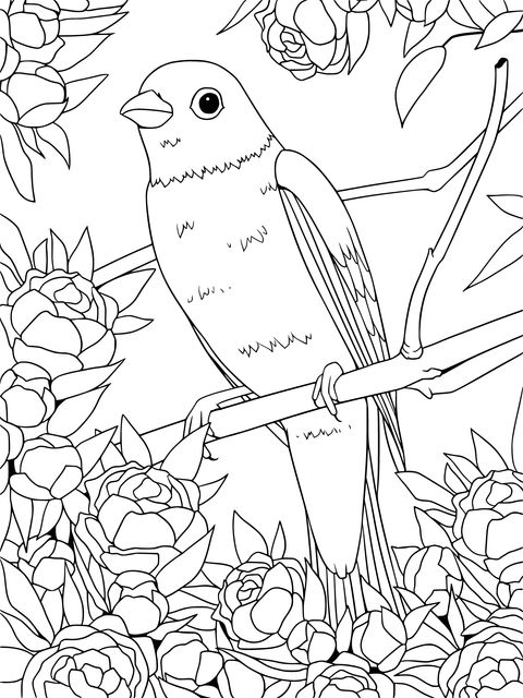 Red Bird and Pink Flowers Coloring Page