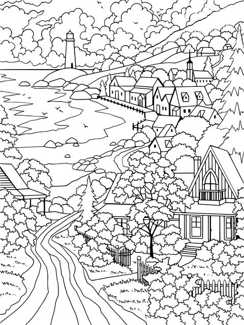 Seaside Town Scenery Coloring Page