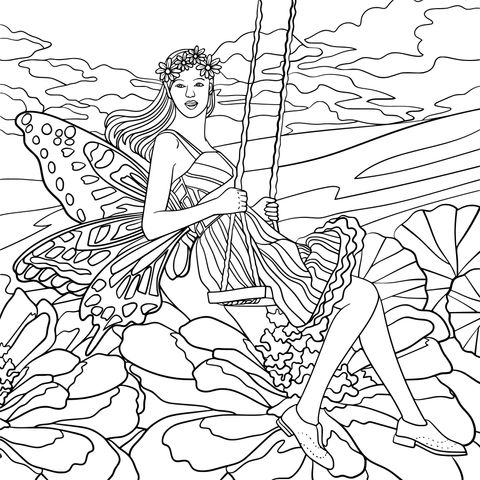 Coloring Page of a Fairy on a Swing in Flower - filled Area