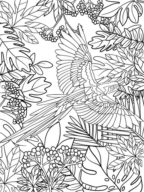 Colorful Parrot and Tropical Plants Coloring Page