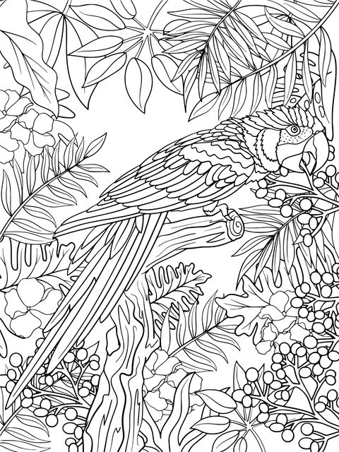 Colorful Parrot and Lush Plants Coloring Page