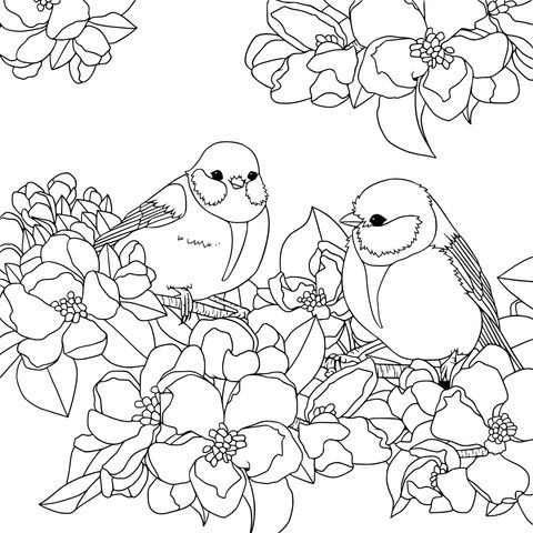 Birds among the blooming flowers