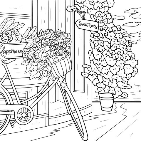 Página para colorear de una bicicleta al lado de una dulce floristería