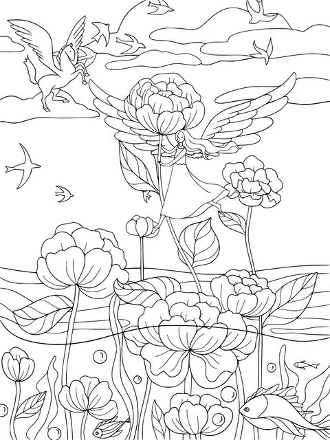 Dreamy Flower - Fairy Coloring Page