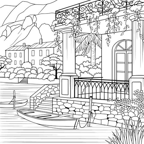 Lakeside Cottage Scenery Coloring Page