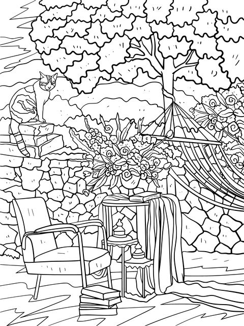 Cozy Courtyard with Cat Coloring Page