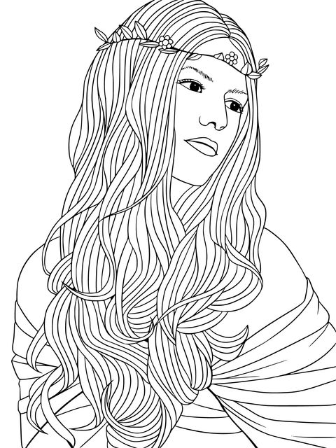 Coloring Page of a Woman with Long Pink Hair and a Flower Crown