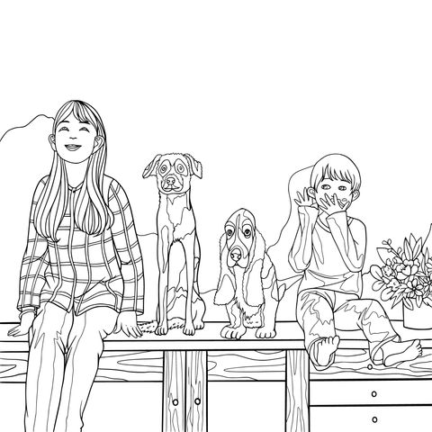 Warm Family with Pets Coloring Page