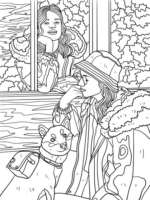 Fashionable Characters and Adorable Dog Coloring Page