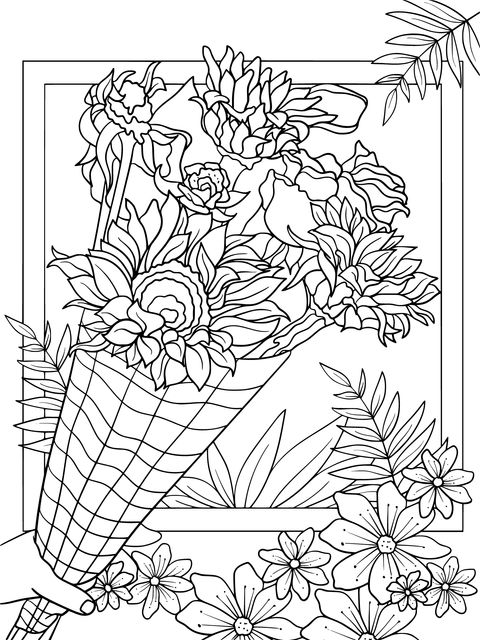 Página de colorear de flores coloridas: Ilustración de un ramo en mano