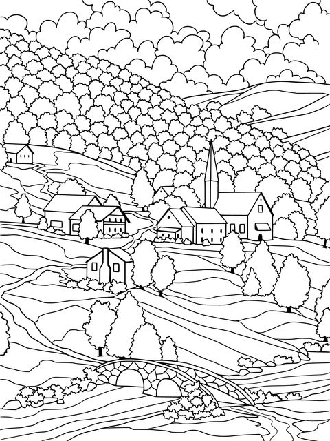 Autumn Countryside Landscape Coloring Page