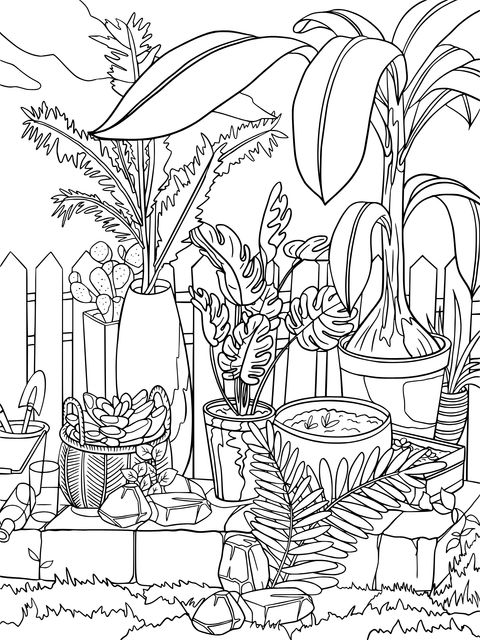 Colorful Potted Plants Coloring Page: Create Your Own Greenery Haven