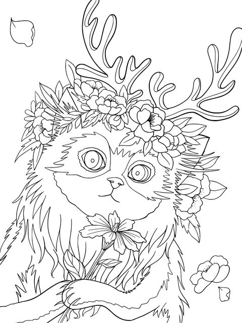 Coloring Page of a Cat Wearing a Flower Crown and Antlers