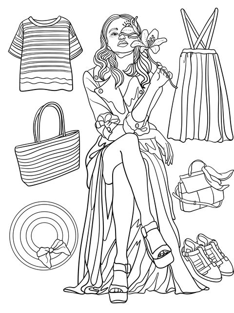 Fashionable Woman and Apparel Coloring Page